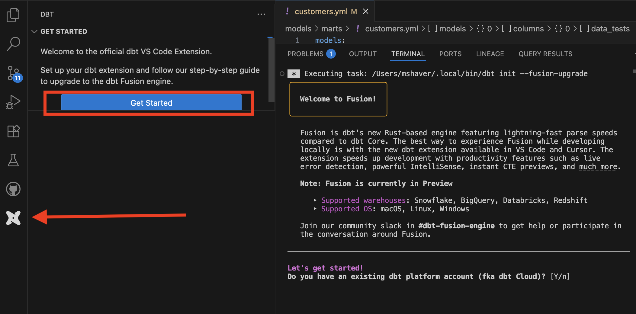 The dbt extension help pane and upgrade assistant. The dbt extension help pane and upgrade assistant.